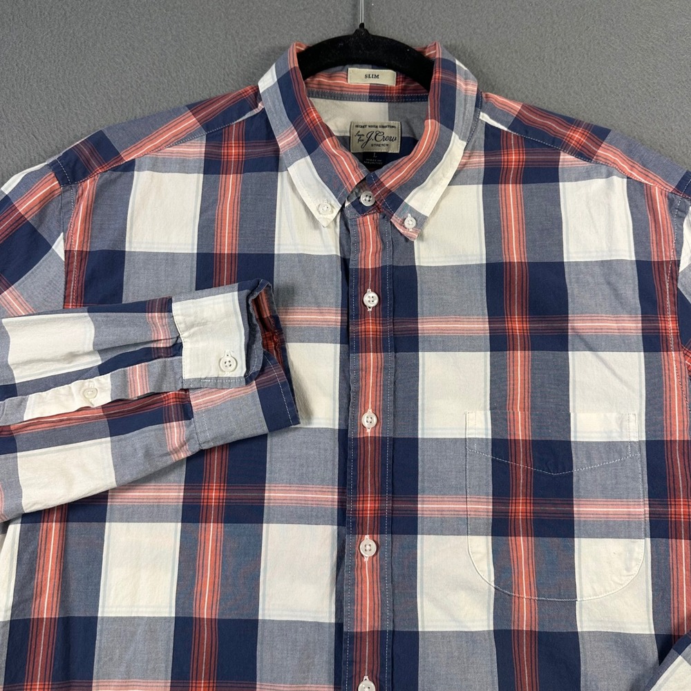 J.Crew Mens Slim Secret Wash Stretch Plaid Button Down Shirt Navy Red Large
